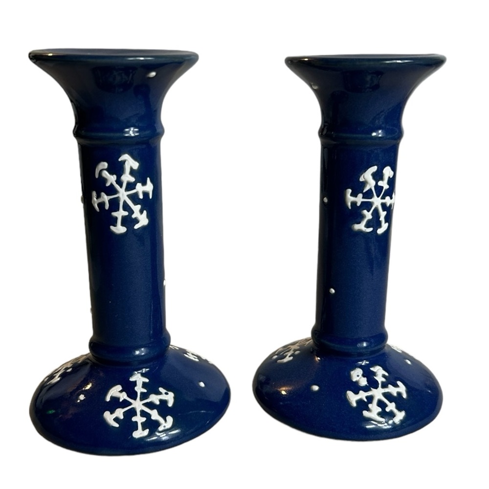 Blue White Snowflake Taper Candle Holder Vintage 90s Hermitage Pottery Christmas